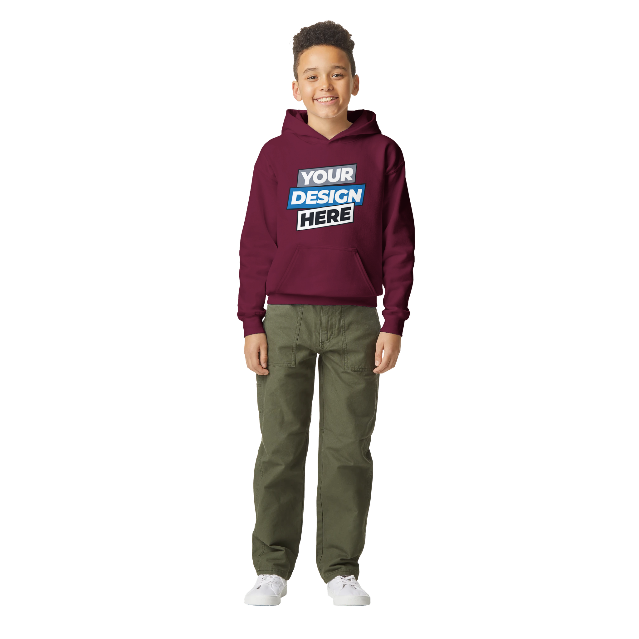 Terylo Youth Fleece Hoodie in burgundy worn by a boy, featuring custom design, perfect for school, play, and layering.