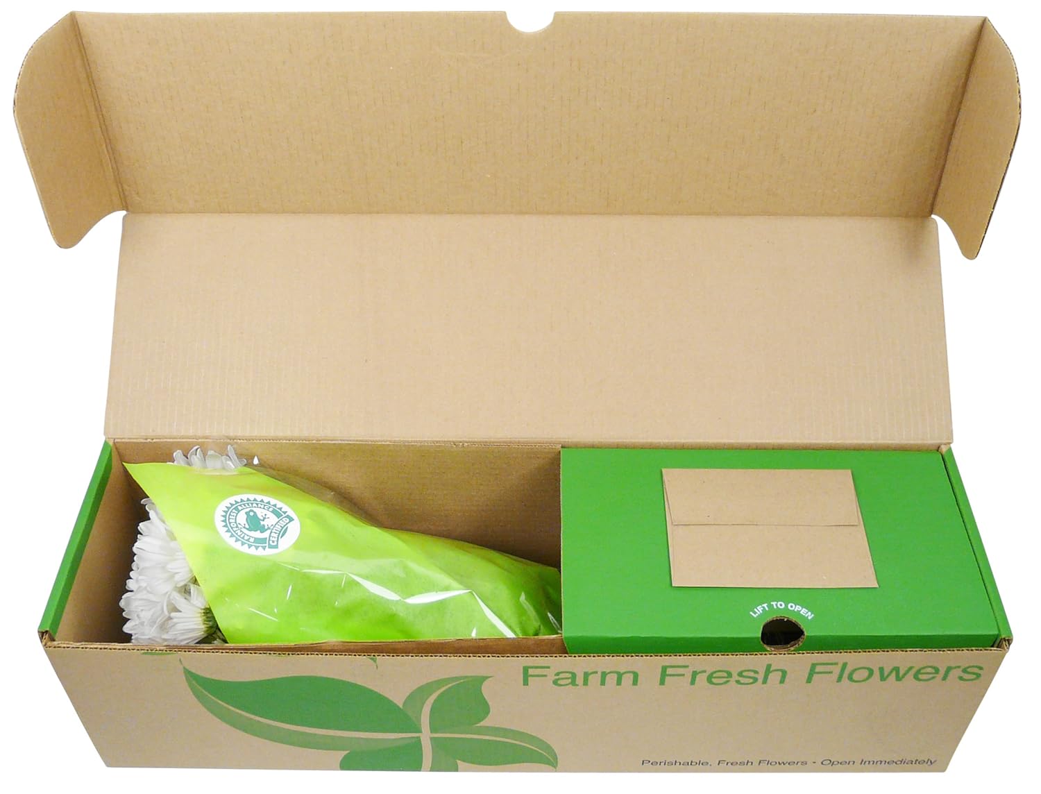 Open box of farm-fresh white daisies with green packaging, ready for delivery from Rainforest Alliance Certified farms.