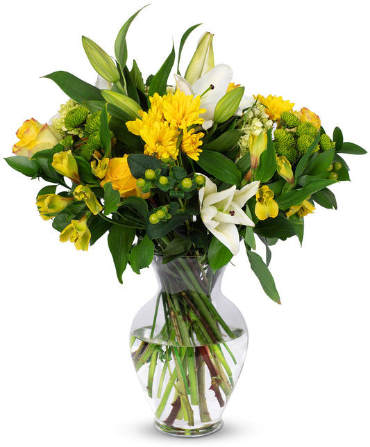 Vibrant yellow bouquet with fresh blooms in a stylish vase, perfect for celebrations and joyful moments.