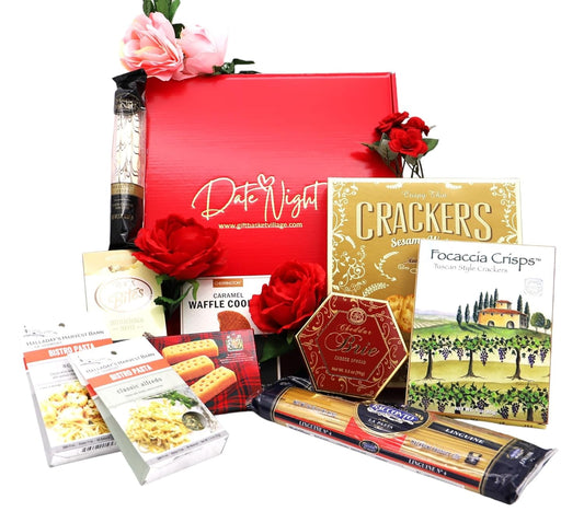 Romantic Date Night Gift Box with pasta, snacks, and sweet treats for a cozy evening, featuring gourmet selections and floral decor.