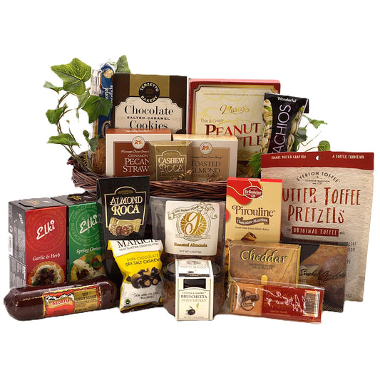 Deluxe Grand Gourmet Gift Basket with cheeses, sweets, and snacks, perfect for holidays and celebrations.