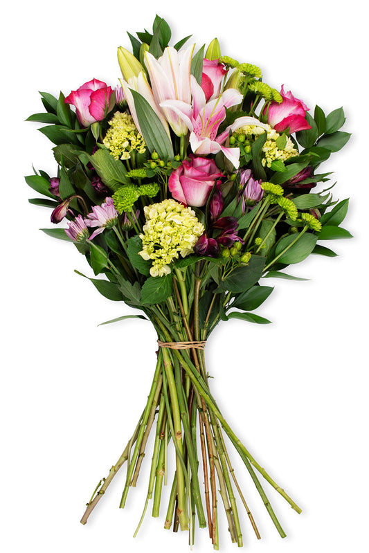 Lavender Bliss Bouquet with lilies, roses, hydrangeas, and lush greens - elegant floral arrangement with 26 fresh stems.