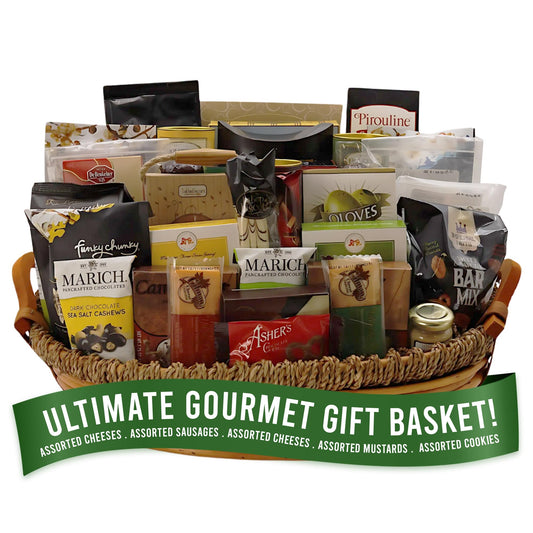 Gourmet celebration basket with cheeses, sausages, snacks, and sweet treats, perfect for any occasion gifting.