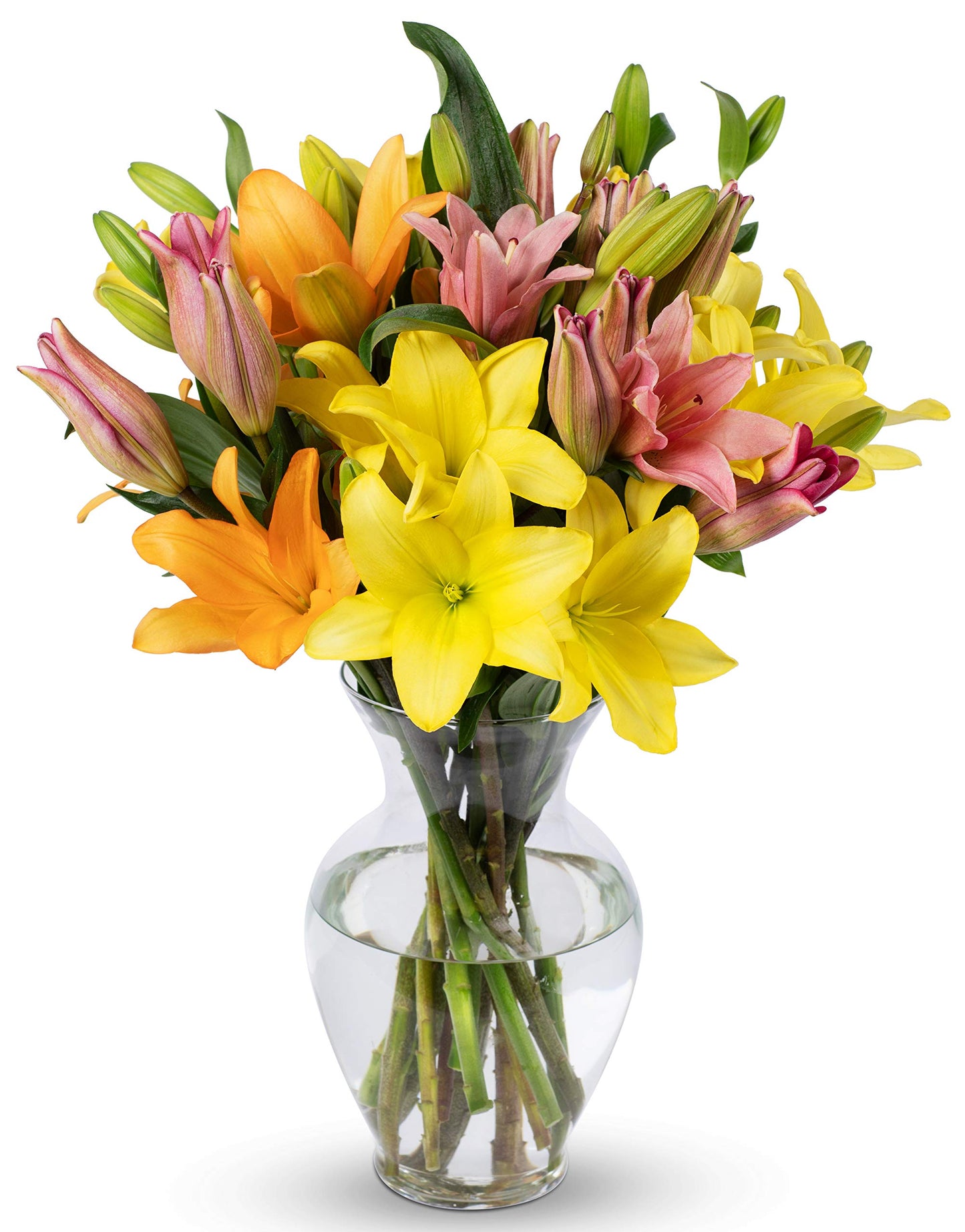 Vibrant 12-stem Asiatic lilies bouquet in a glass vase, featuring fresh, colorful blooms perfect for gifting on special occasions.