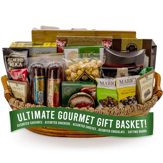 Luxurious XL gourmet gift basket with assorted sweets, savory snacks, cheeses, chocolate, and crackers for any occasion.