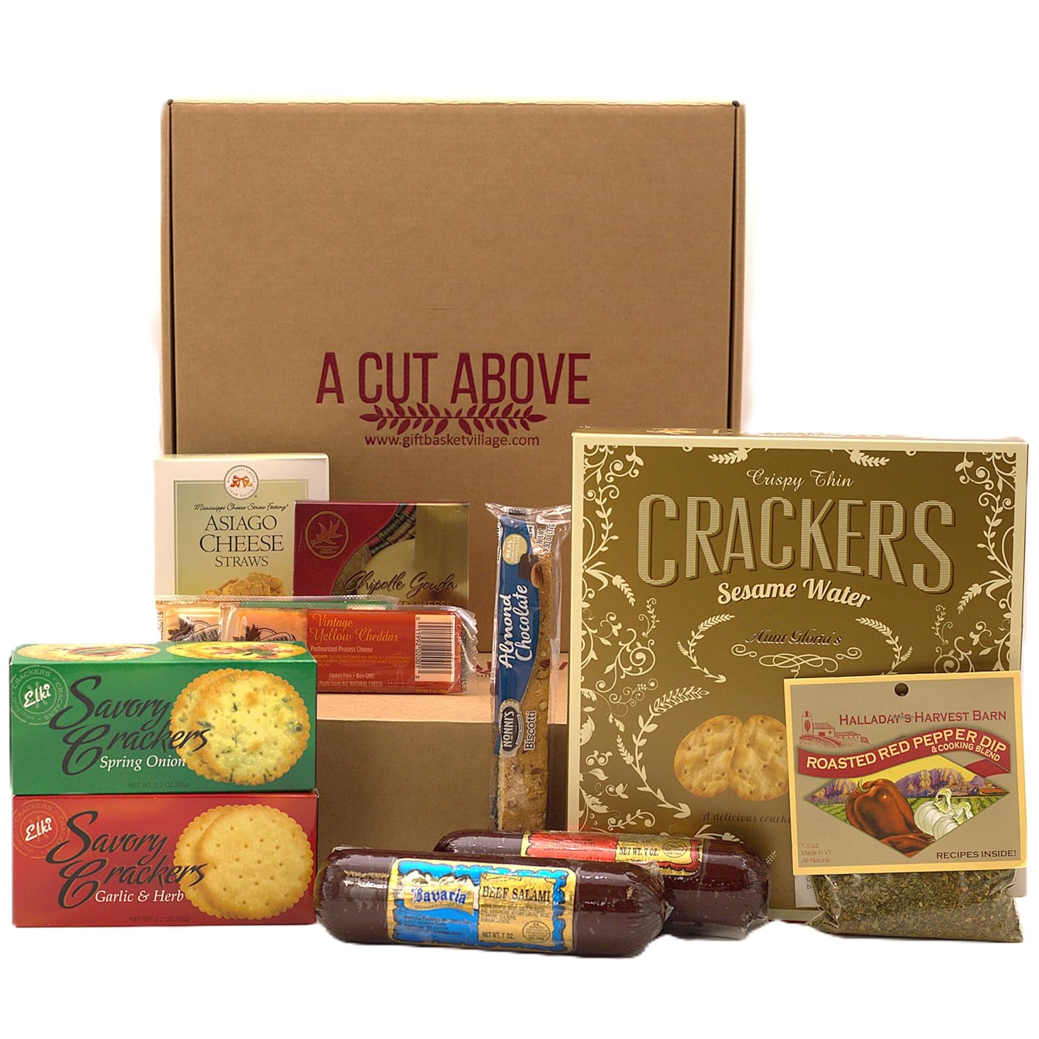 Autumn Harvest Cheese and Sausage Gift Basket with crackers and savory treats for fall celebrations.