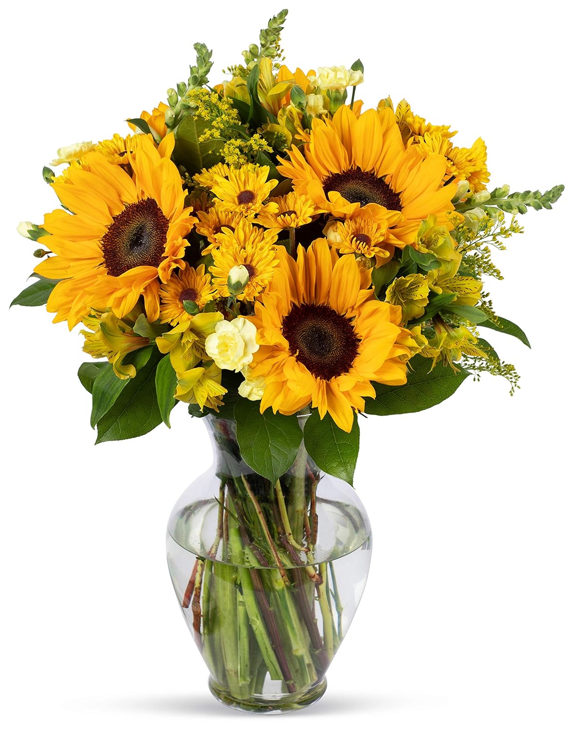 Rays of Sunshine bouquet with sunflowers, snapdragons, pompoms, and greens in a glass vase, bringing warmth and joy.