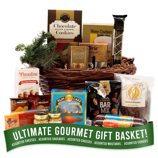 Festive charcuterie gift basket with gourmet meats, cheeses, crackers, and snacks for holiday celebrations and special occasions.