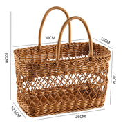 Handmade rattan-like picnic basket with measurements, featuring durable woven design for elegant outings, picnics, or shopping.