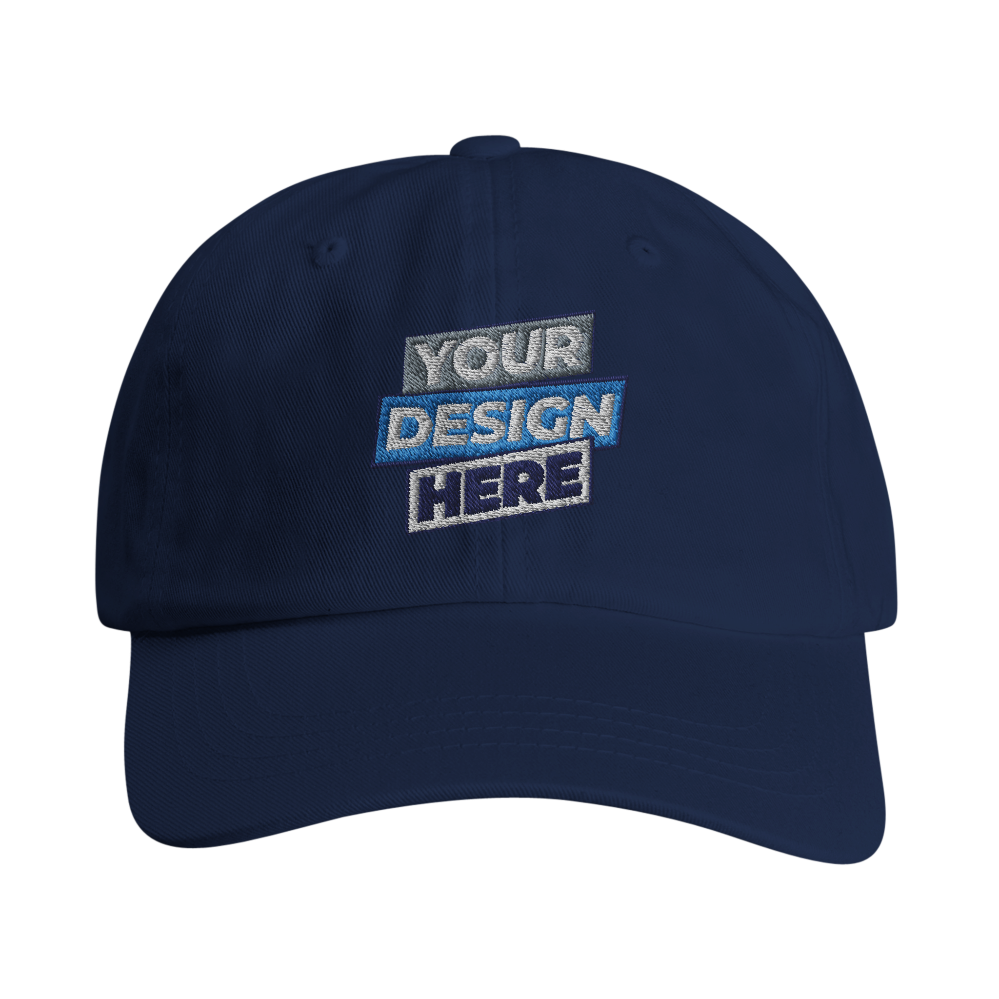 Navy blue dad cap with custom embroidery text 'Your Design Here', featuring a curved visor and adjustable strap on the back.