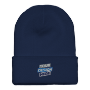 Navy blue Henthor cuffed beanie with space for custom embroidery design.