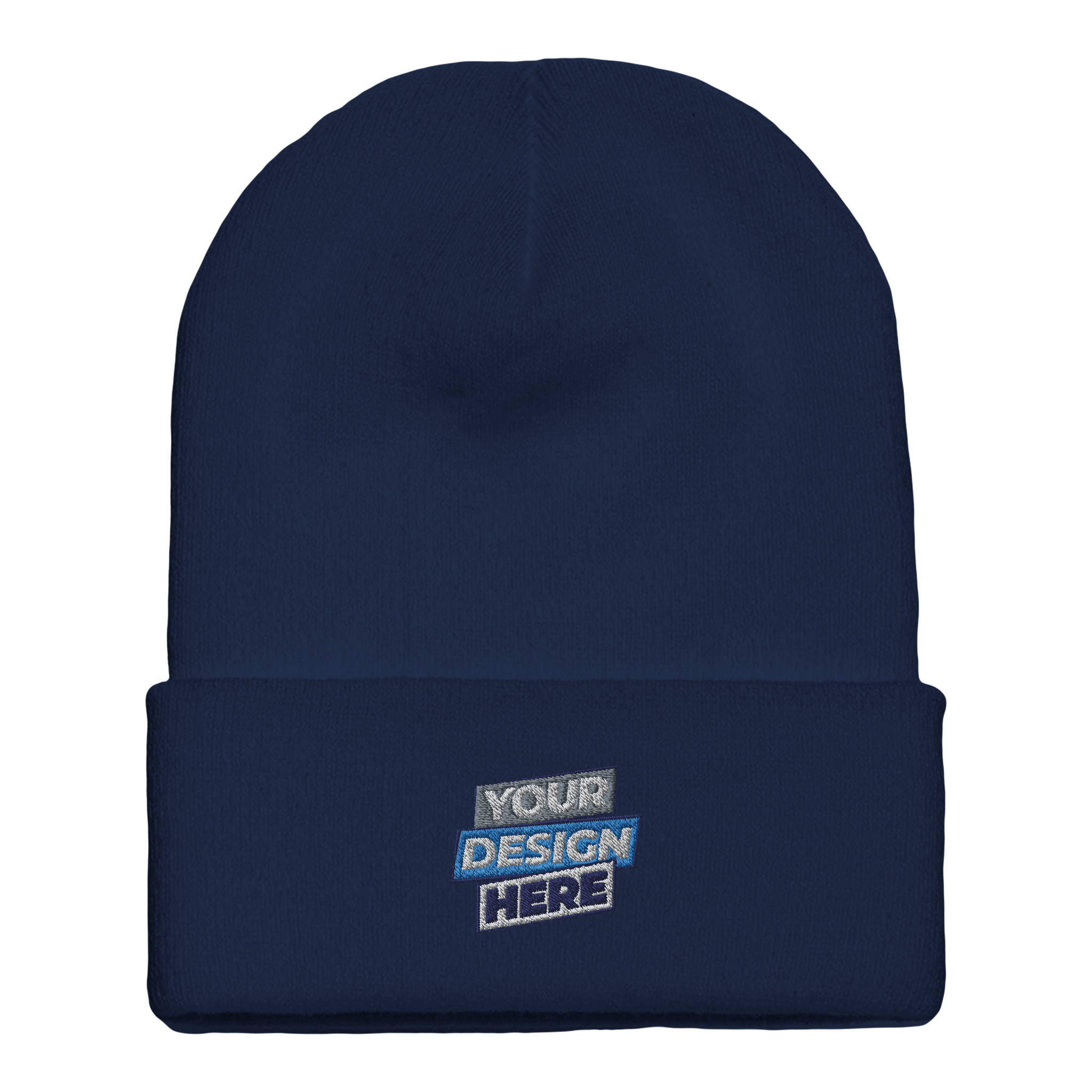 Navy blue Henthor cuffed beanie with space for custom embroidery design.