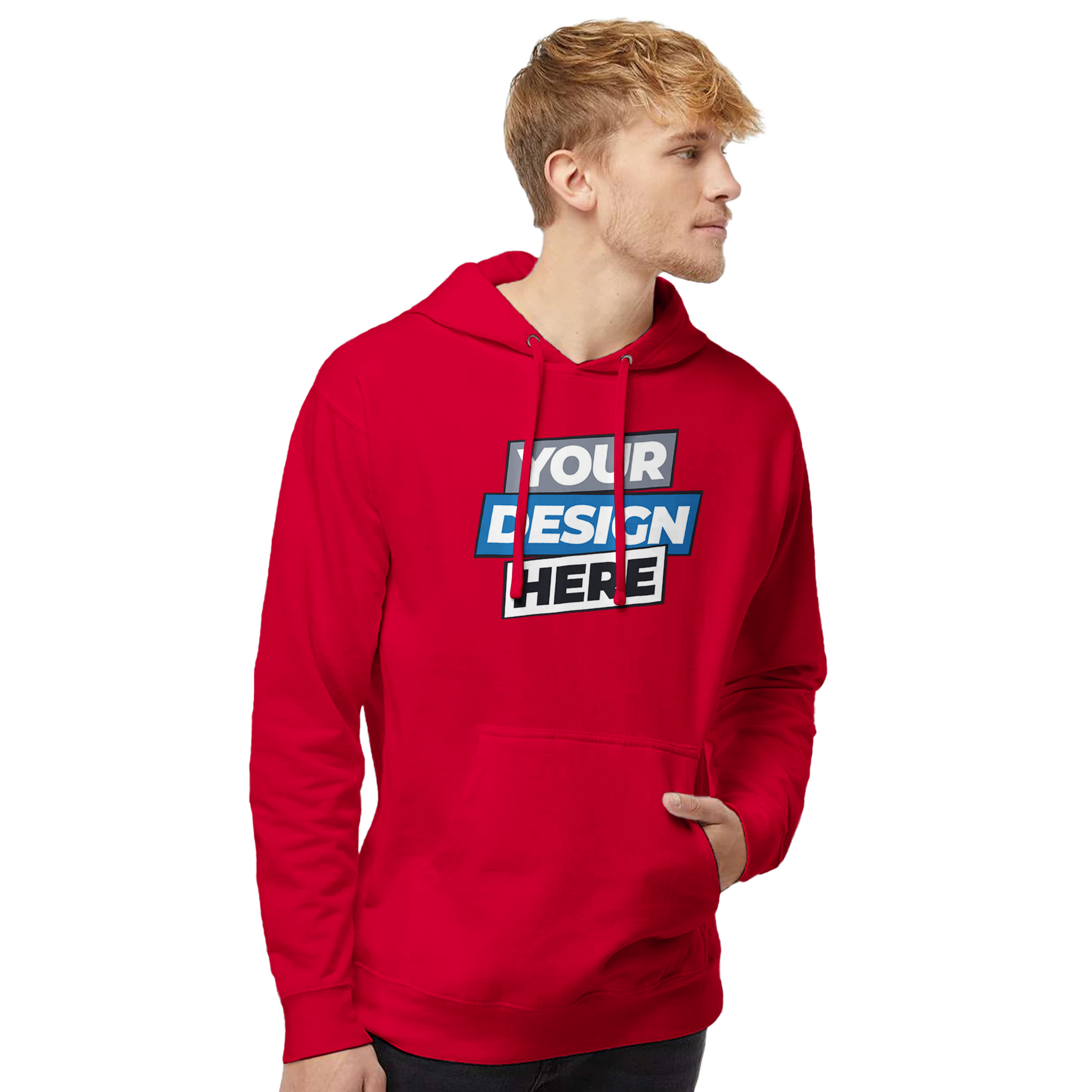 Red Vardelux midweight hoodie with 'Your Design Here' text, showcasing cozy streetwear fashion. Ideal for custom designs.