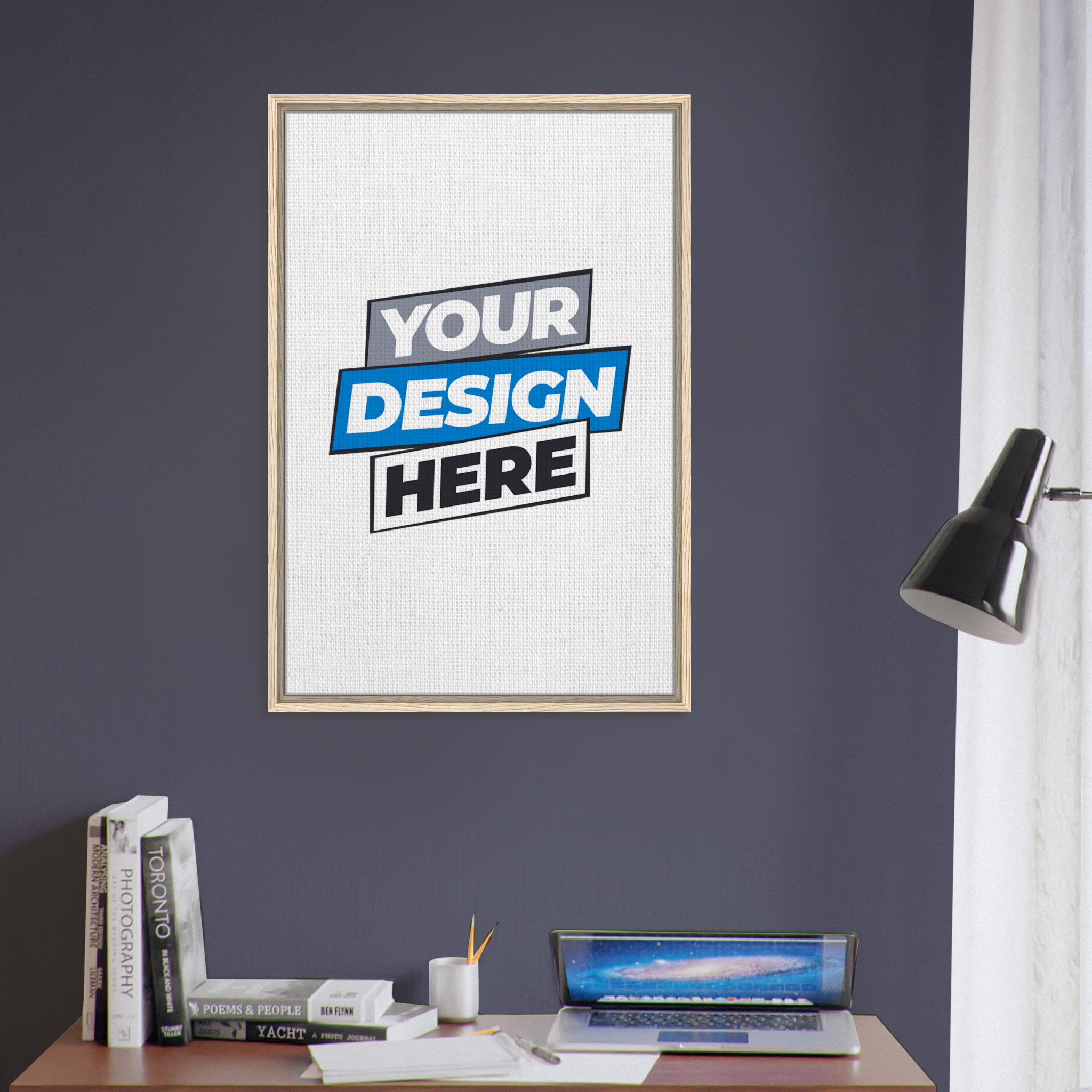 Framed canvas print displayed above desk with customizable design, sustainable wood frame, and rich texture for captivating art experience.