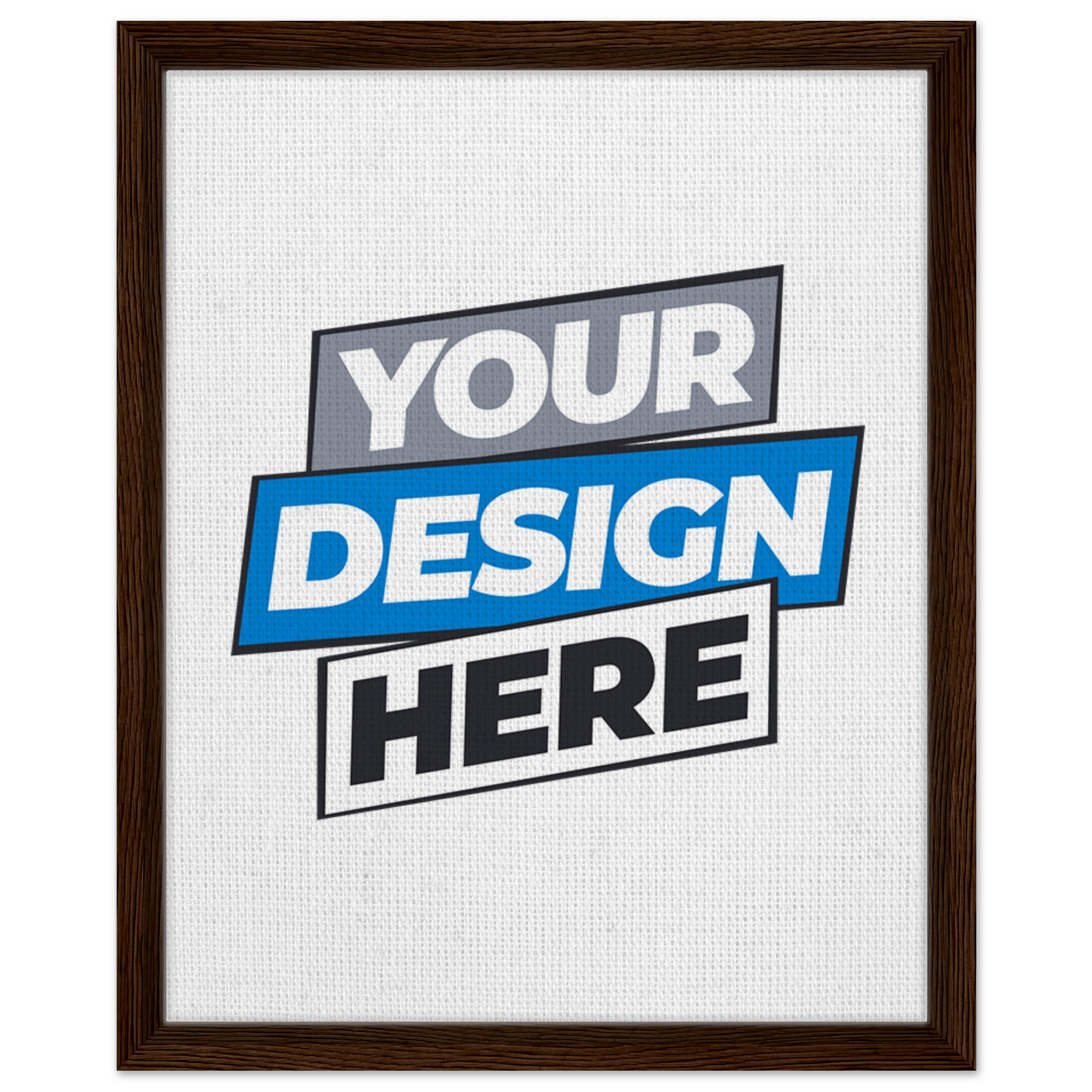 Custom framed canvas print with 'Your Design Here' text, featuring dark brown wood frame. Ideal for personalized decor.