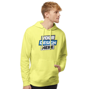 Man wearing Vardelux Midweight Hoodie with custom design, lime color, showing front side and kangaroo pocket.