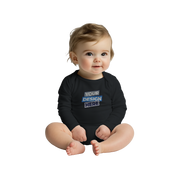 Baby in black long sleeve bodysuit with "Your Design Here" text, ideal for layering, featuring lap shoulders and easy-access openings.