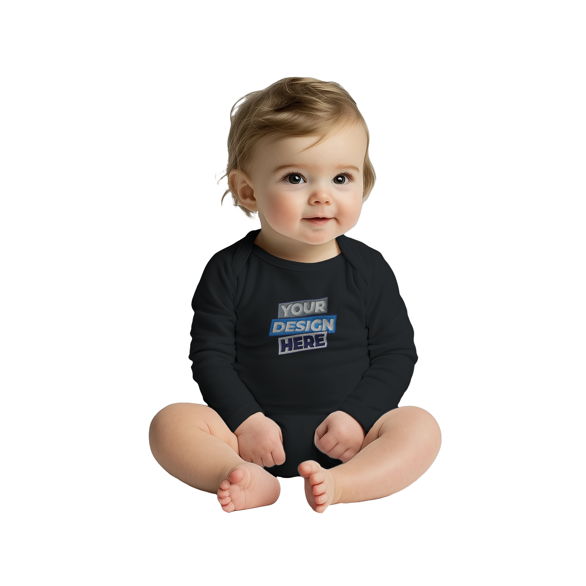 Baby in black long sleeve bodysuit with "Your Design Here" text, ideal for layering, featuring lap shoulders and easy-access openings.