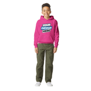 Youth wearing pink Terylo fleece hoodie with customizable front design, showcasing cozy midweight fabric and classic fit.