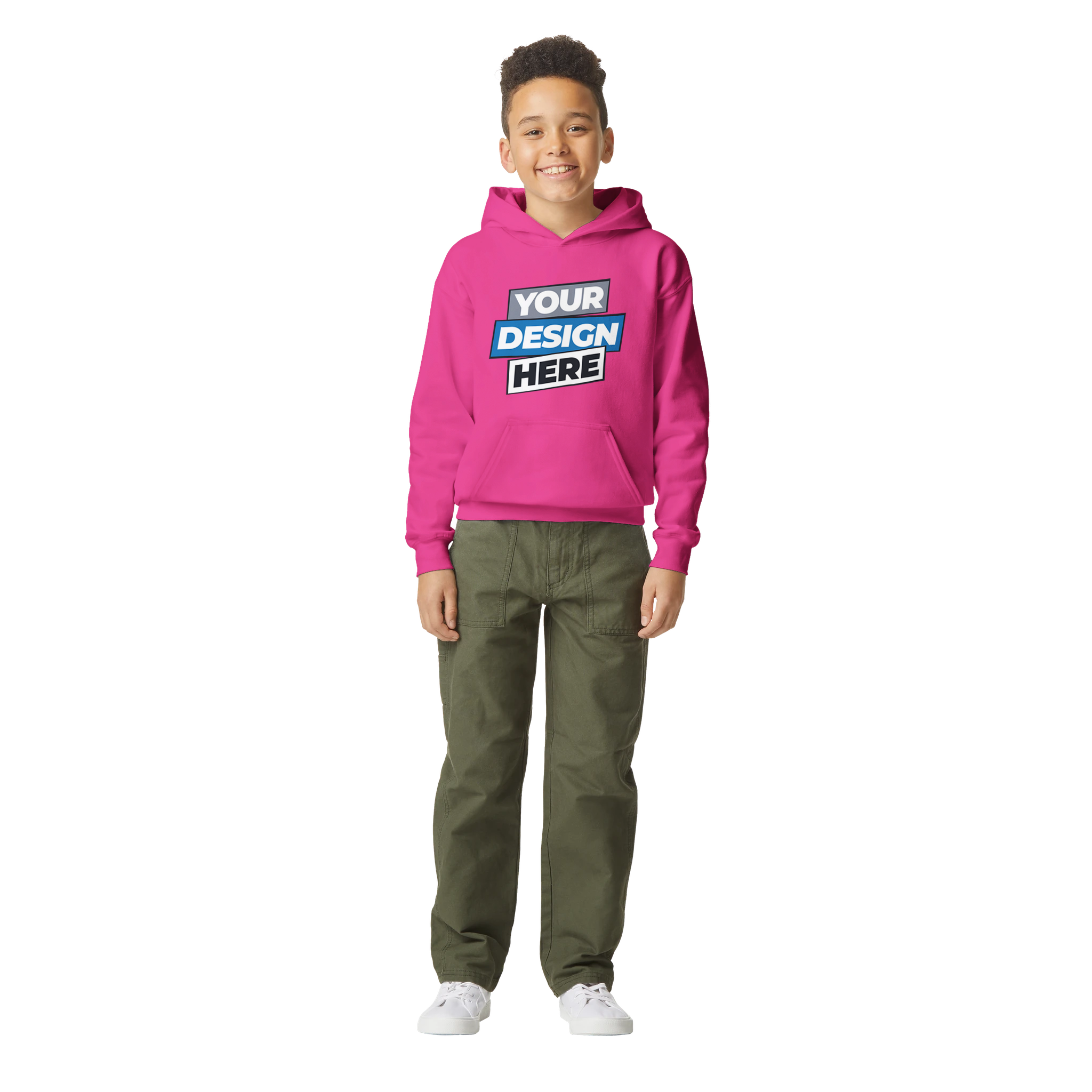 Youth wearing pink Terylo fleece hoodie with customizable front design, showcasing cozy midweight fabric and classic fit.