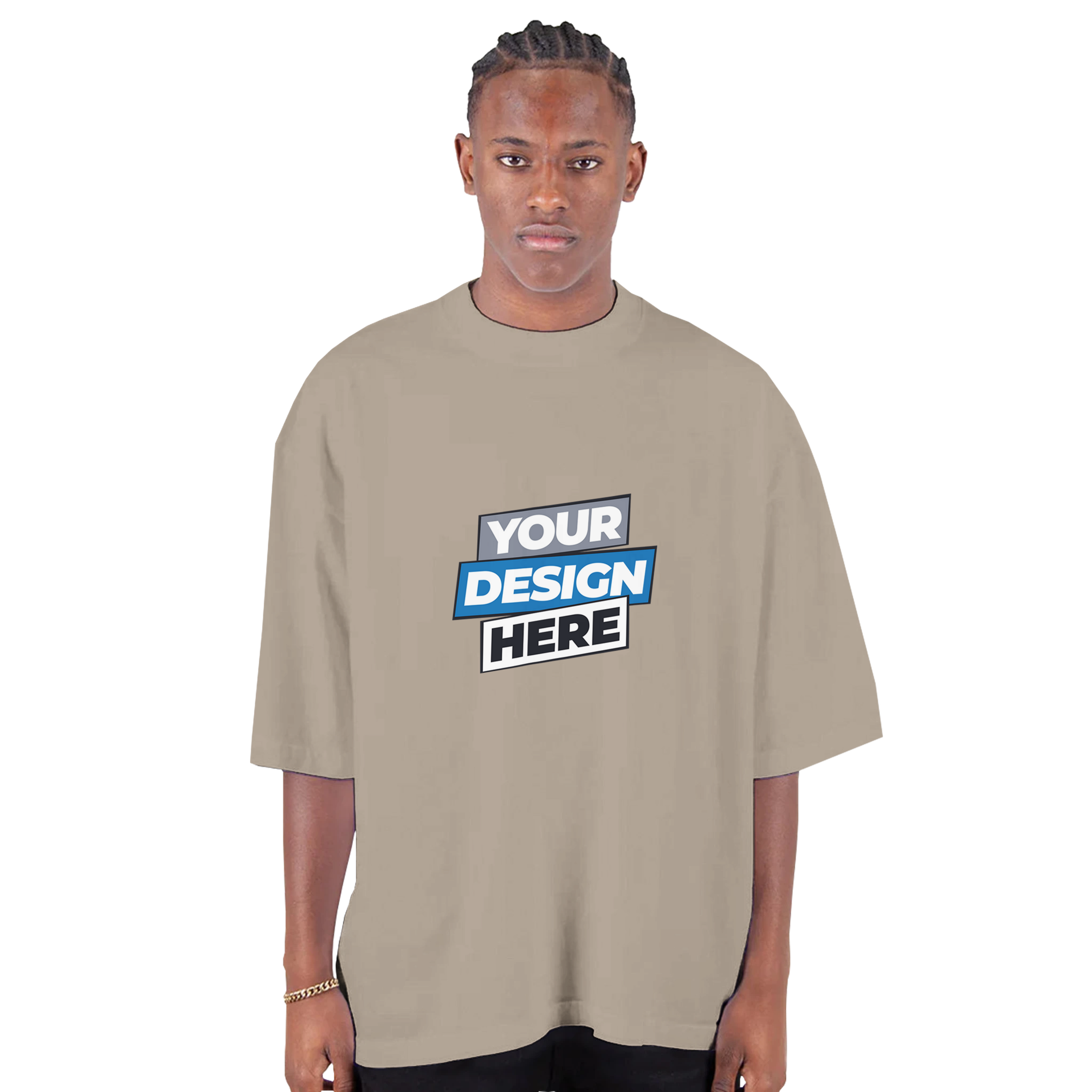 Model wearing men's oversized drop-shoulder crewneck t-shirt in beige, featuring "Your Design Here" text.