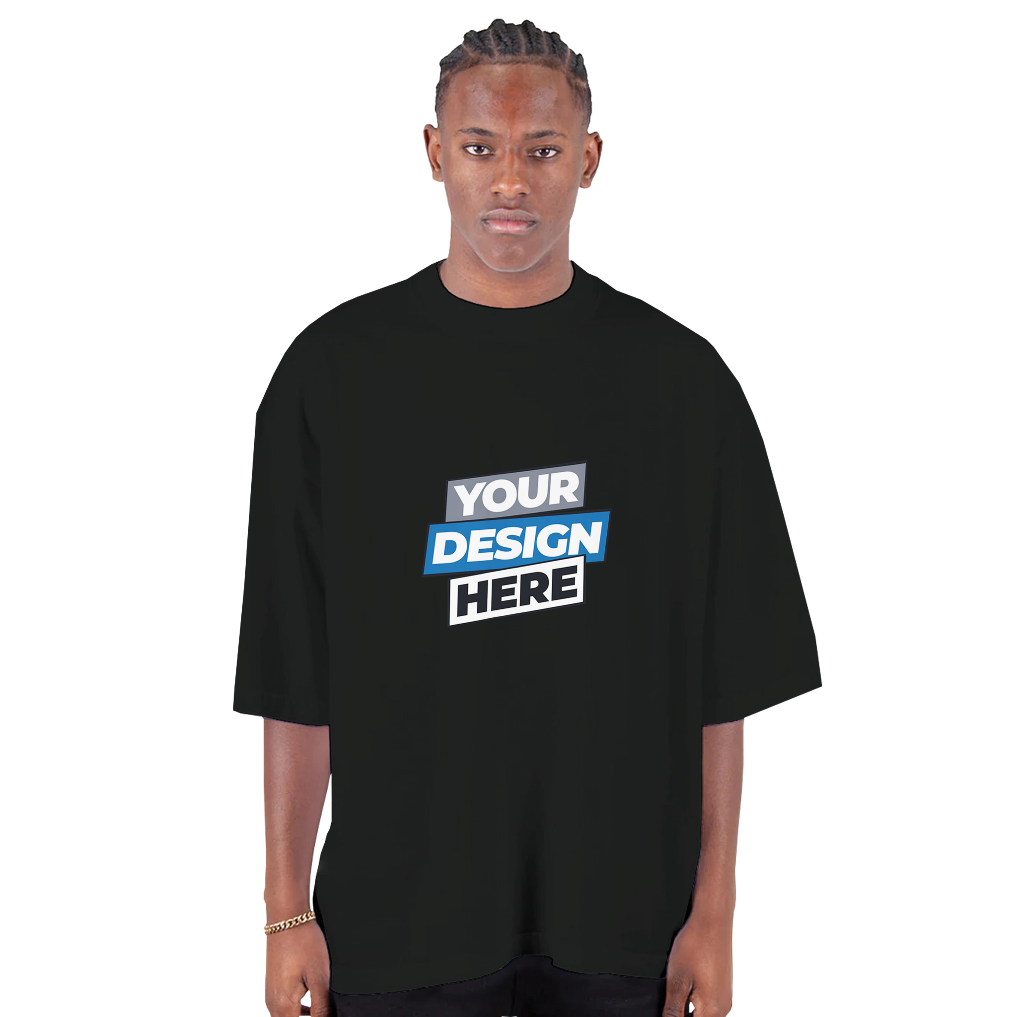 Model wearing Shaka Wear Men's Oversized Drop-Shoulder Crewneck T-Shirt in black with custom design.
