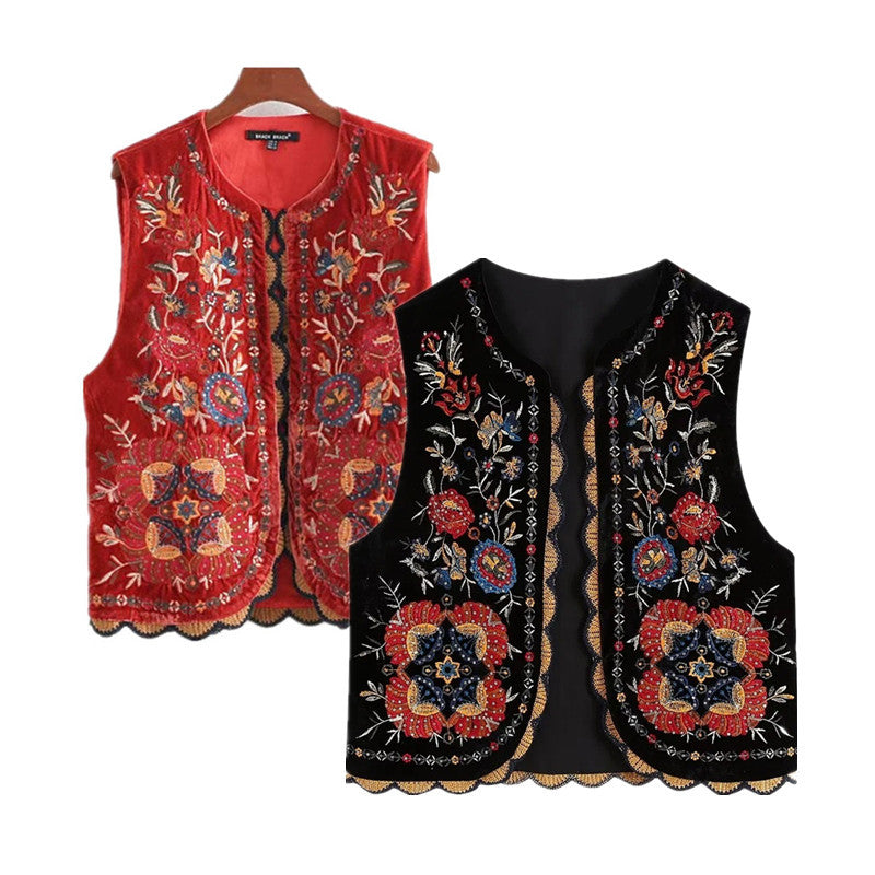 Stylish Vyshyvanka waistcoat in red and black with intricate embroidery on luxurious velvet, perfect for a commuter style look.