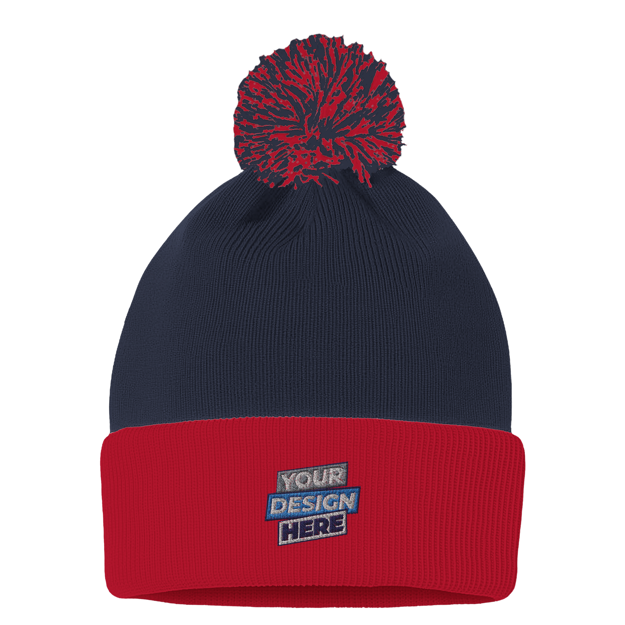 Navy and red knit pom beanie with custom embroidery design, featuring a playful pom-pom and fold-over cuff for adjustable fit.