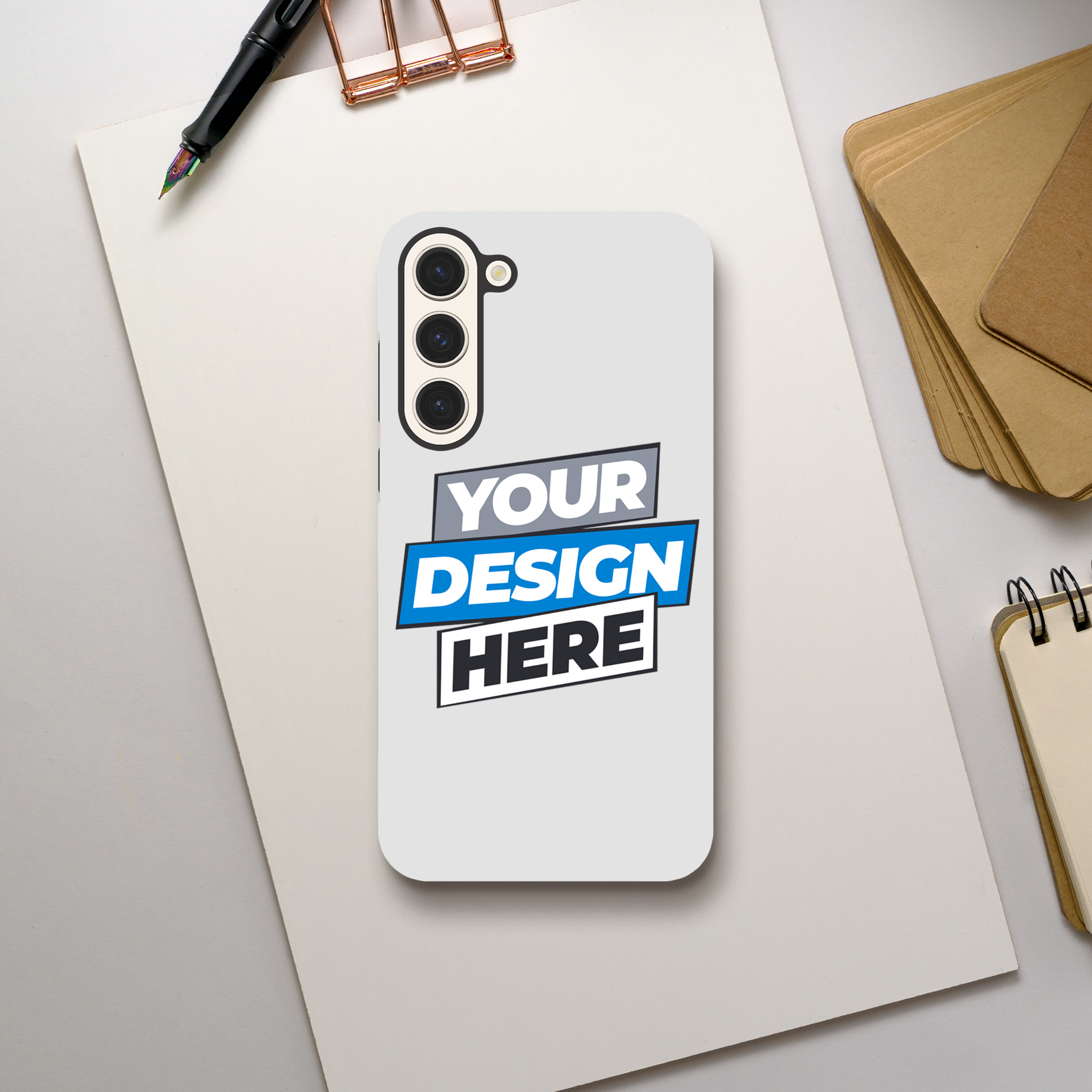 Custom print on demand gloss phone case for Samsung with dual-layer protection and precise cutouts, shown on a desk setup.