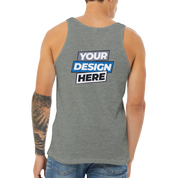 Back view of unisex Calvoro cotton tank with "Your Design Here" print, showcasing lightweight and breathable fabric for custom design.