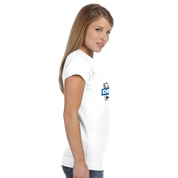 Woman wearing Zalmera women's cotton T-shirt, side view, showcasing semi-fitted style ideal for print customization.