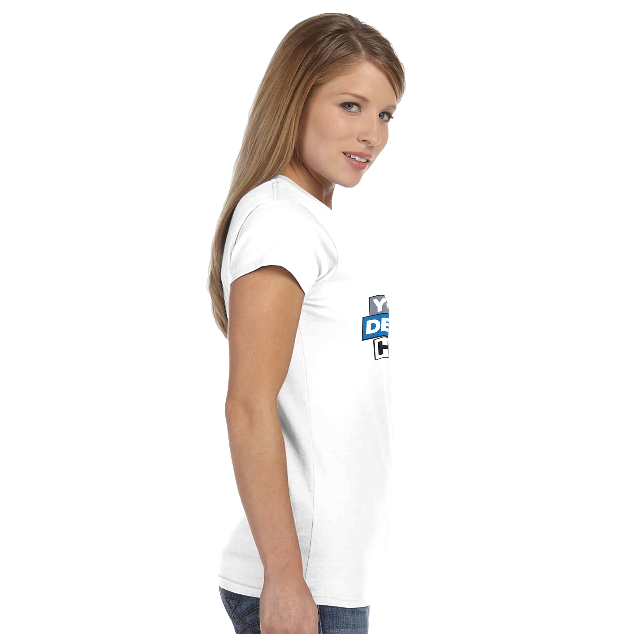 Woman wearing Zalmera women's cotton T-shirt, side view, showcasing semi-fitted style ideal for print customization.