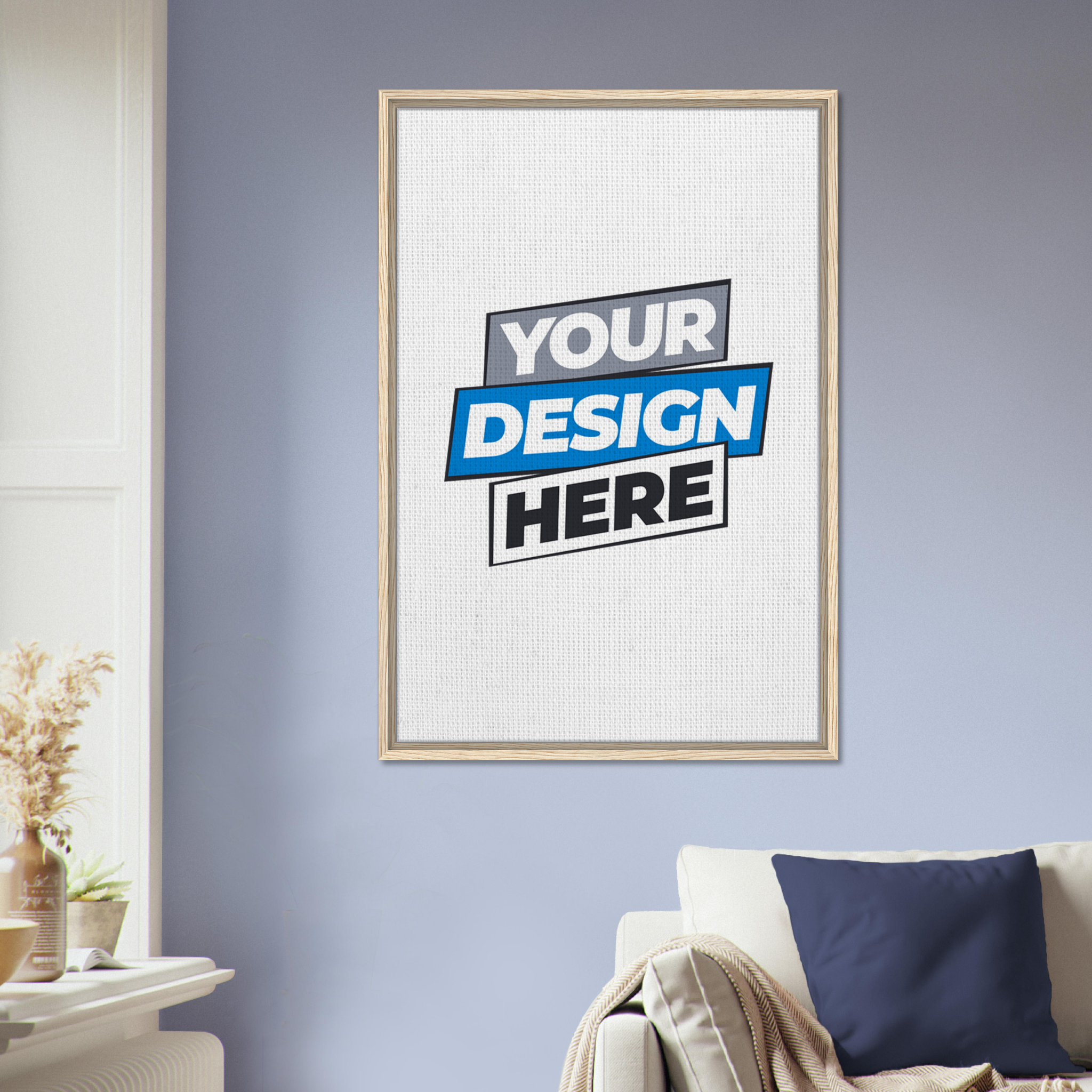 Custom framed canvas print displayed in modern living room, featuring sustainable FSC-certified wood frame in natural color.