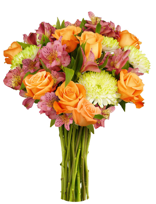 Vibrant bouquet with green, orange, and hot pink blooms, perfect for special occasions like birthdays or congratulations.