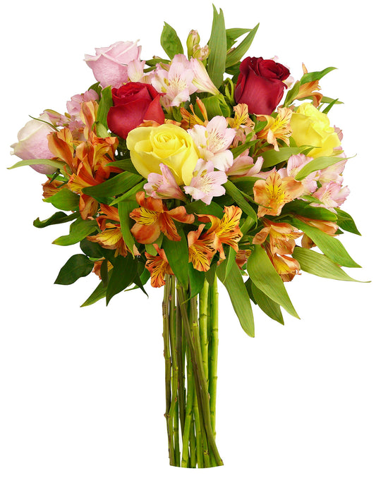 Cheerful bouquet of pink and yellow roses with red and orange alstroemeria, perfect for brightening any day.