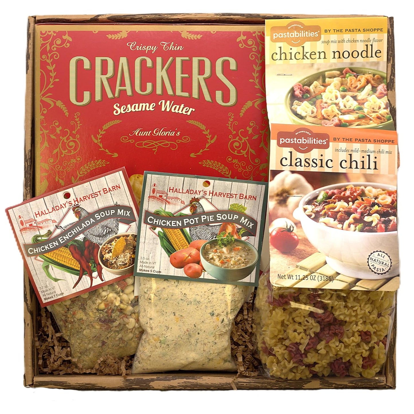 Gourmet soup and cracker gift basket with various soup mixes for comfort and care. Ideal for get-well or sympathy gifts.