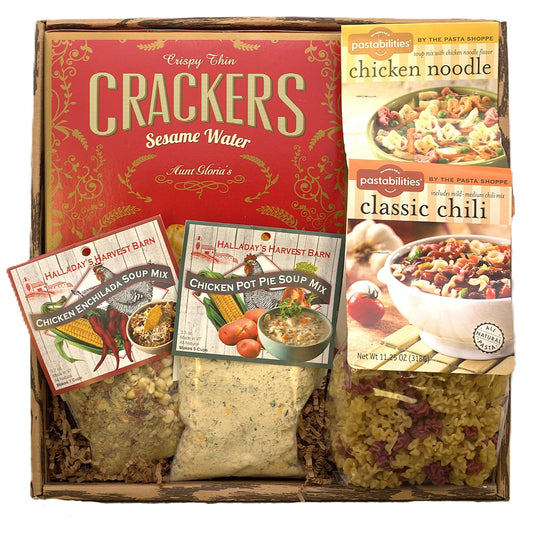 Gourmet soup and cracker gift basket with various soup mixes for comfort and care. Ideal for get-well or sympathy gifts.