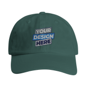 Green camo dad cap with 'Your Design Here' text, featuring a six-panel, low-profile structure and adjustable brass buckle.