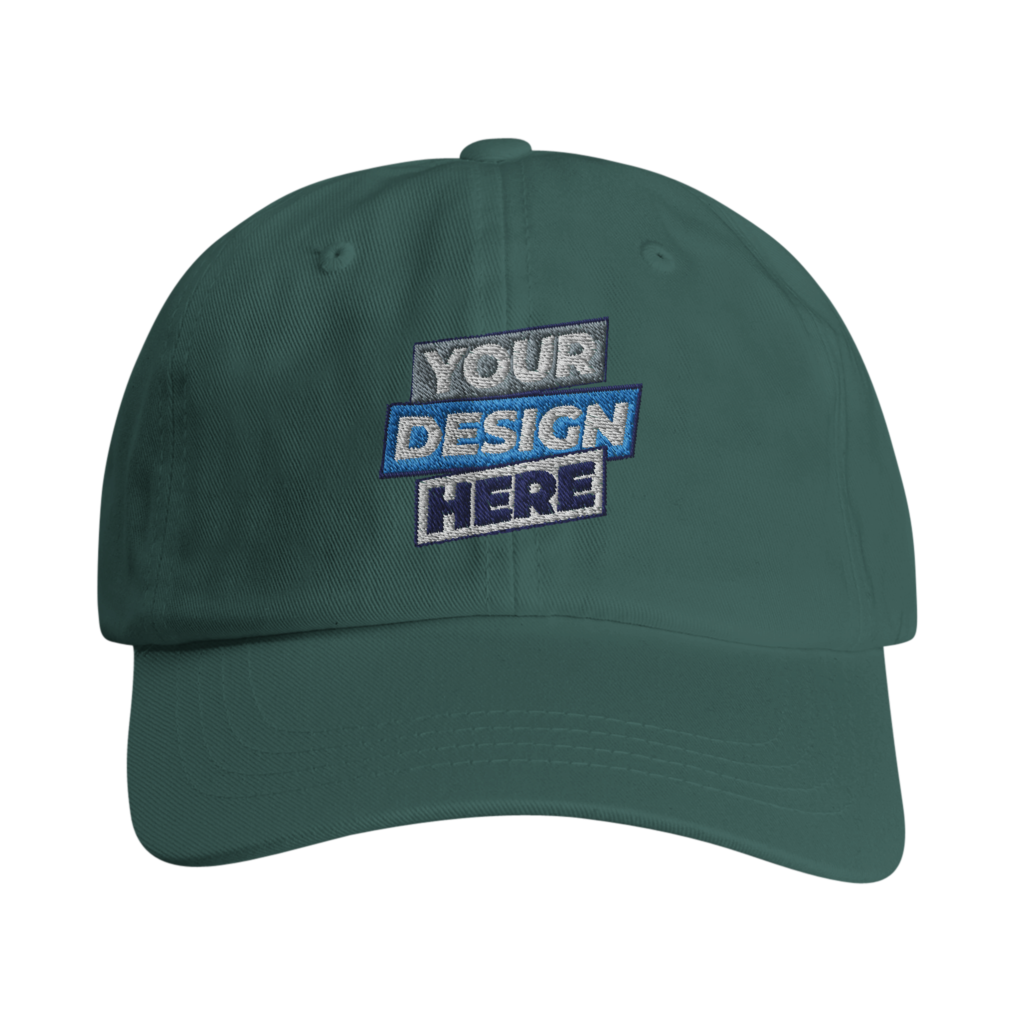 Green camo dad cap with 'Your Design Here' text, featuring a six-panel, low-profile structure and adjustable brass buckle.