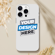 iPhone case with customizable design template, featuring a durable dual-layer build and glossy finish on a light background.