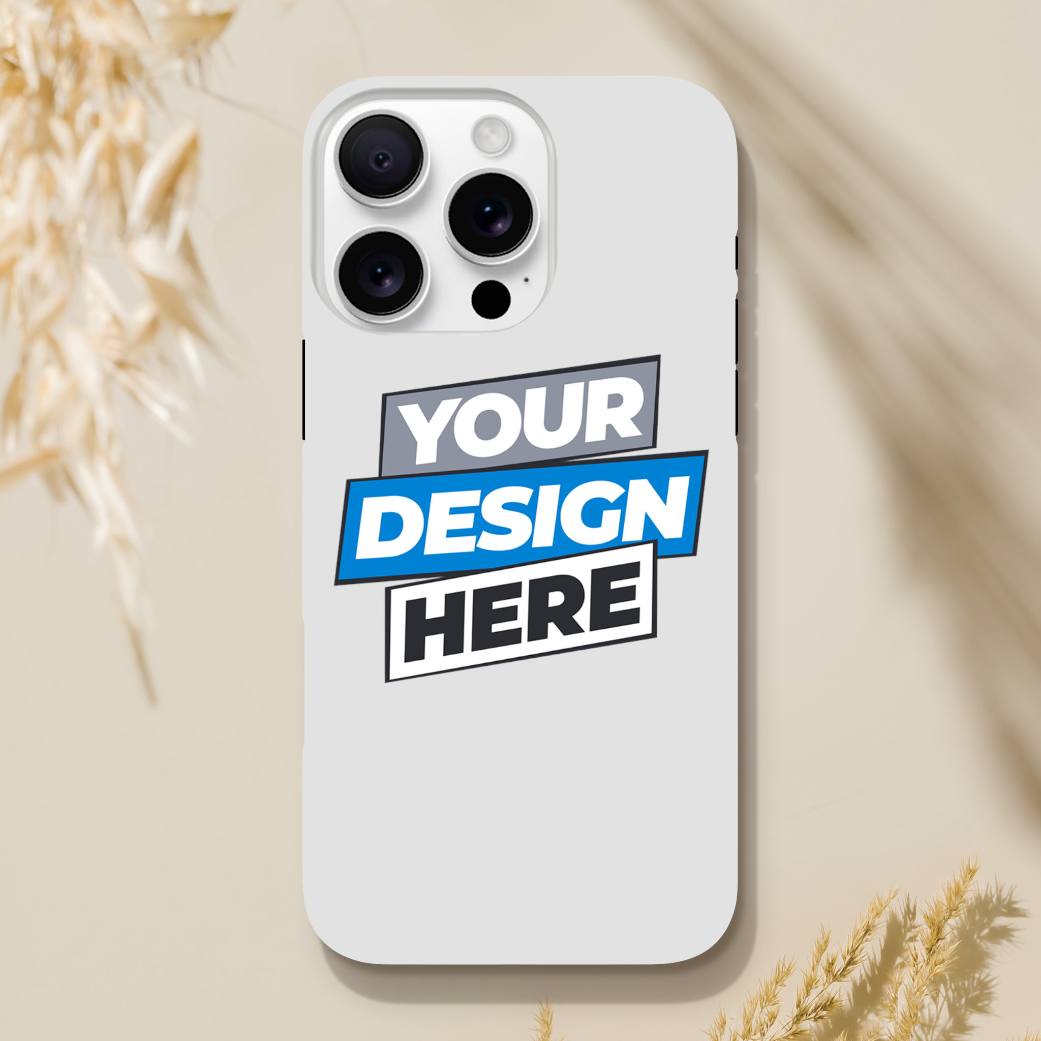 iPhone case with customizable design template, featuring a durable dual-layer build and glossy finish on a light background.