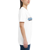 Side view of woman wearing a customizable Zalmera cotton t-shirt, showcasing the semi-fitted design and print area.