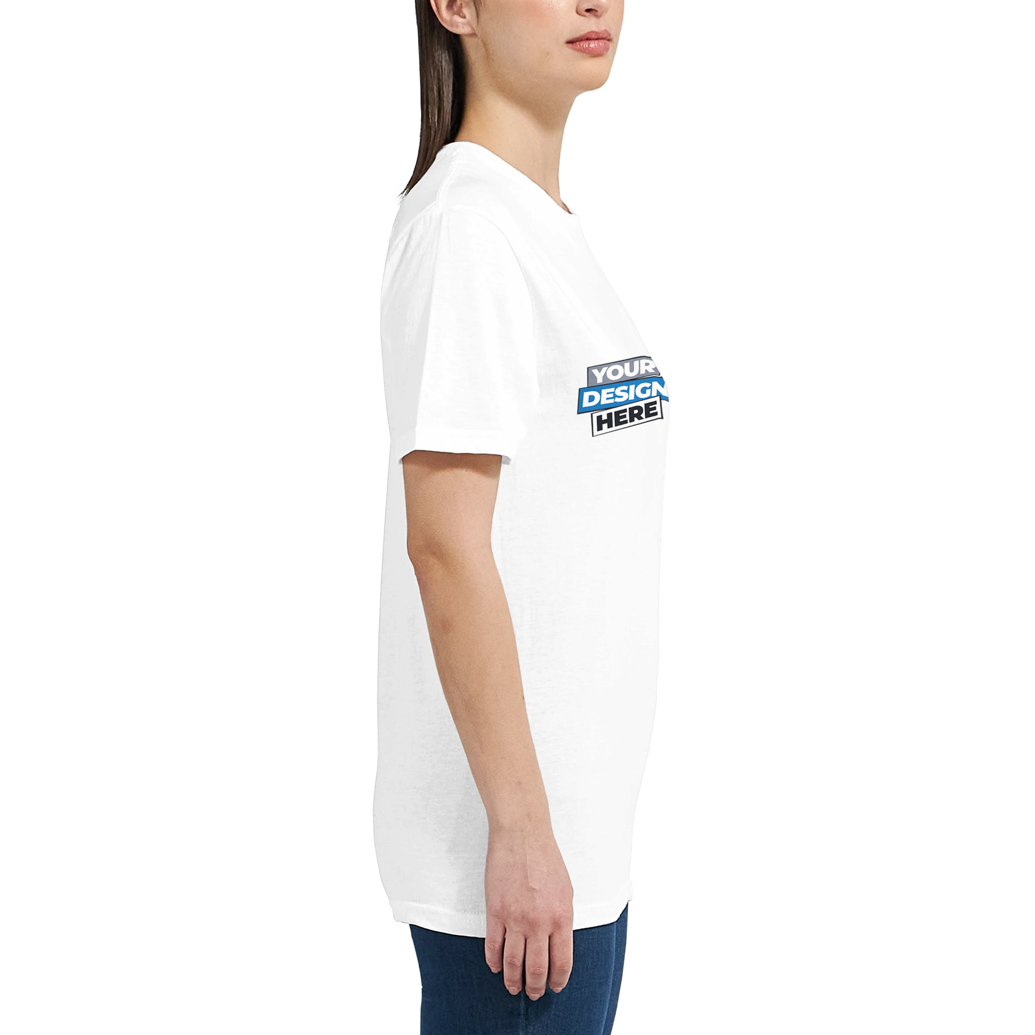 Side view of woman wearing a customizable Zalmera cotton t-shirt, showcasing the semi-fitted design and print area.