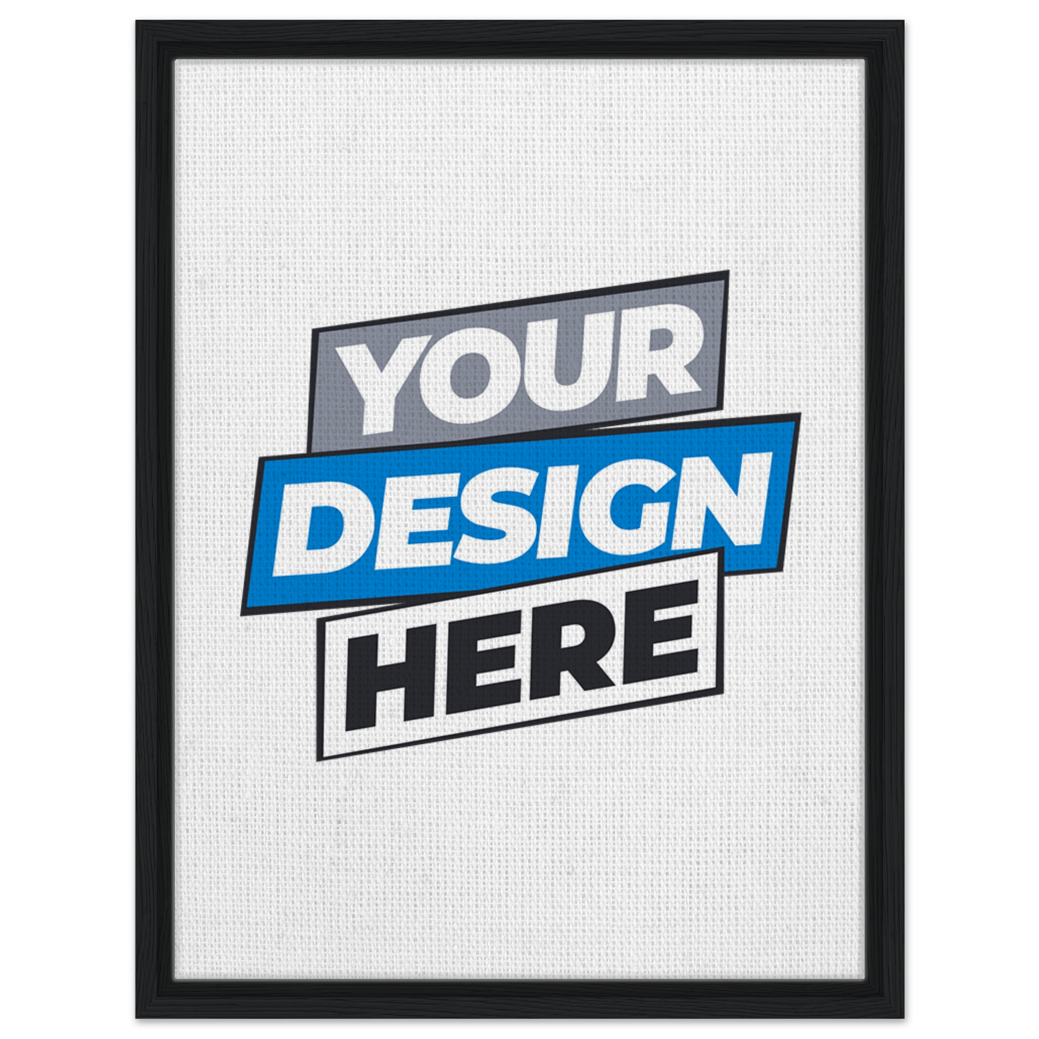 Customizable framed canvas print with black frame, featuring "Your Design Here" text. Perfect for home decor with sustainable materials.