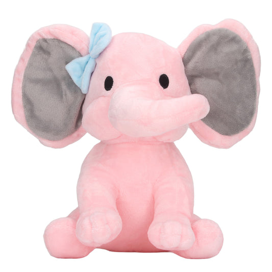 Pink elephant plush toy with a blue bow, soft stuffed animal for kids, multipurpose pillow and home decor.