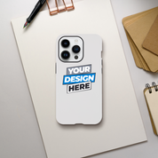 Customizable gloss tough case for iPhone with dual-layer protection, featuring a 'Your Design Here' template on a notepad background.