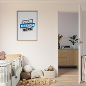 Framed canvas print on a nursery wall, featuring customizable design, FSC-certified wood frame in natural wood color, sustainable decor.