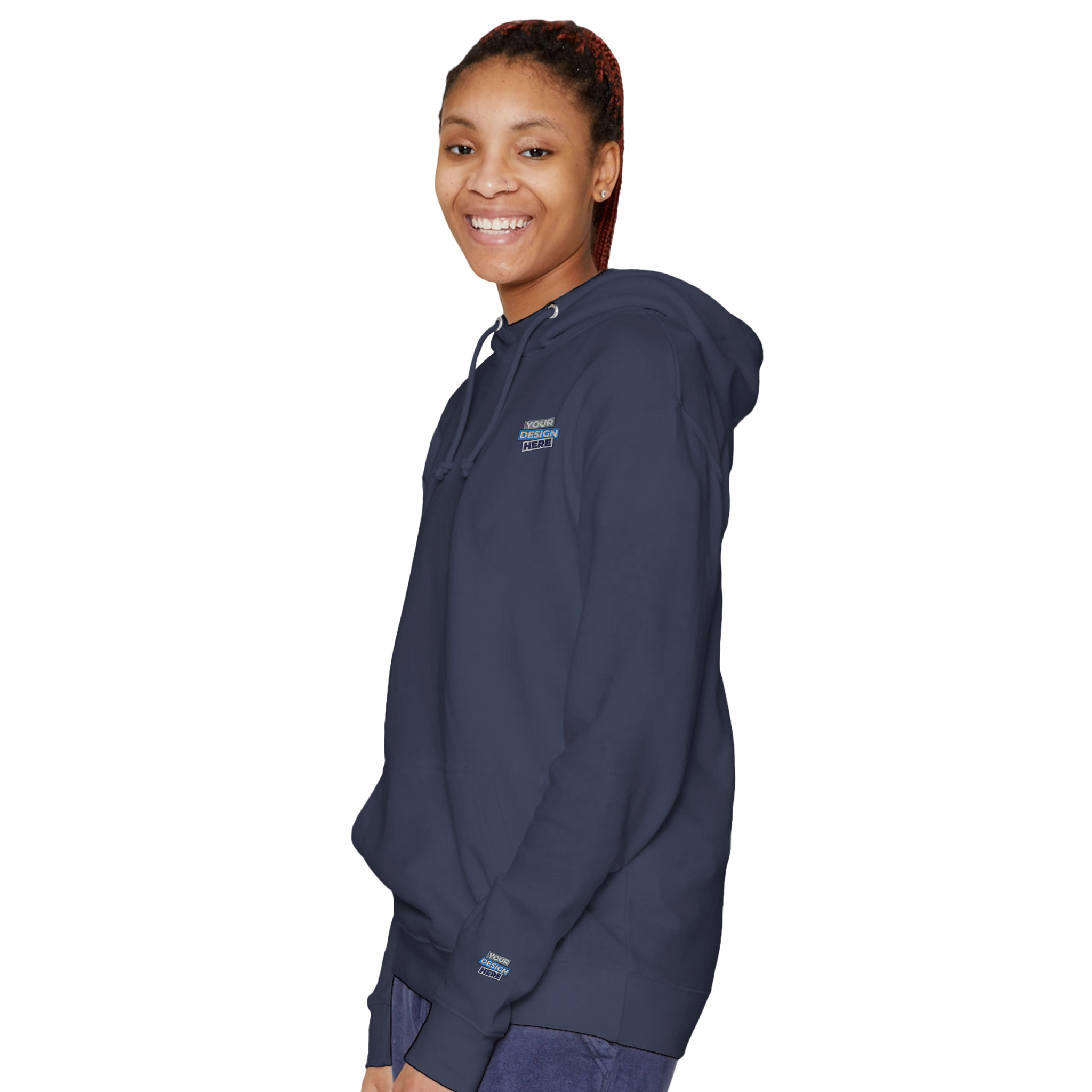 Person wearing Elmoré Premium Pullover Hoodie, showcasing kangaroo pocket and three-panel hood with tonal drawcords.