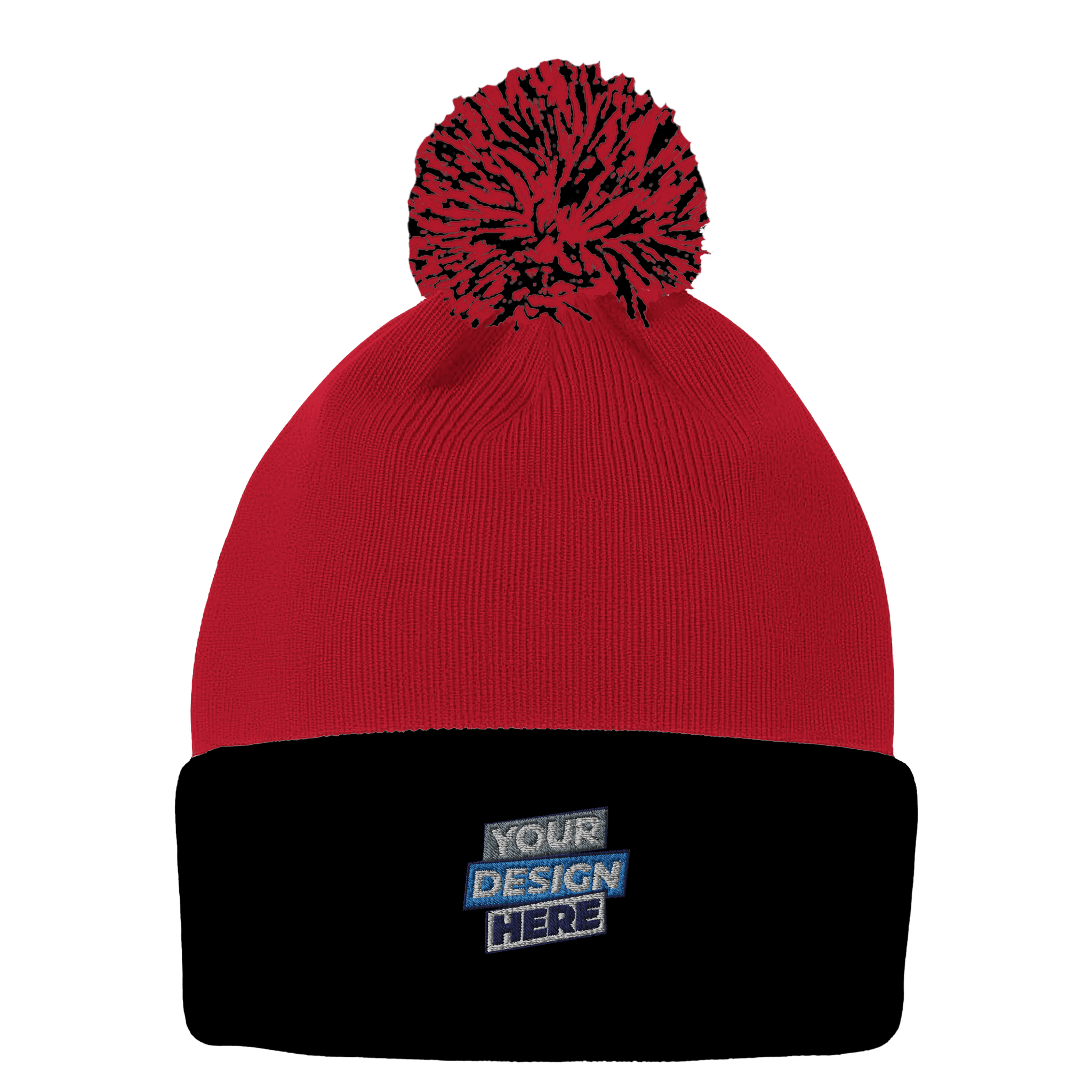 Red knit pom beanie with black fold-over cuff for custom embroidery, featuring playful pom-pom and warm acrylic fabric.