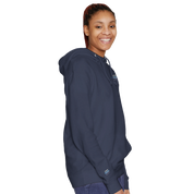 Person wearing an Elmoré Premium Pullover Hoodie in navy blue, showcasing mid-weight design with kangaroo pocket and tonal drawcords.
